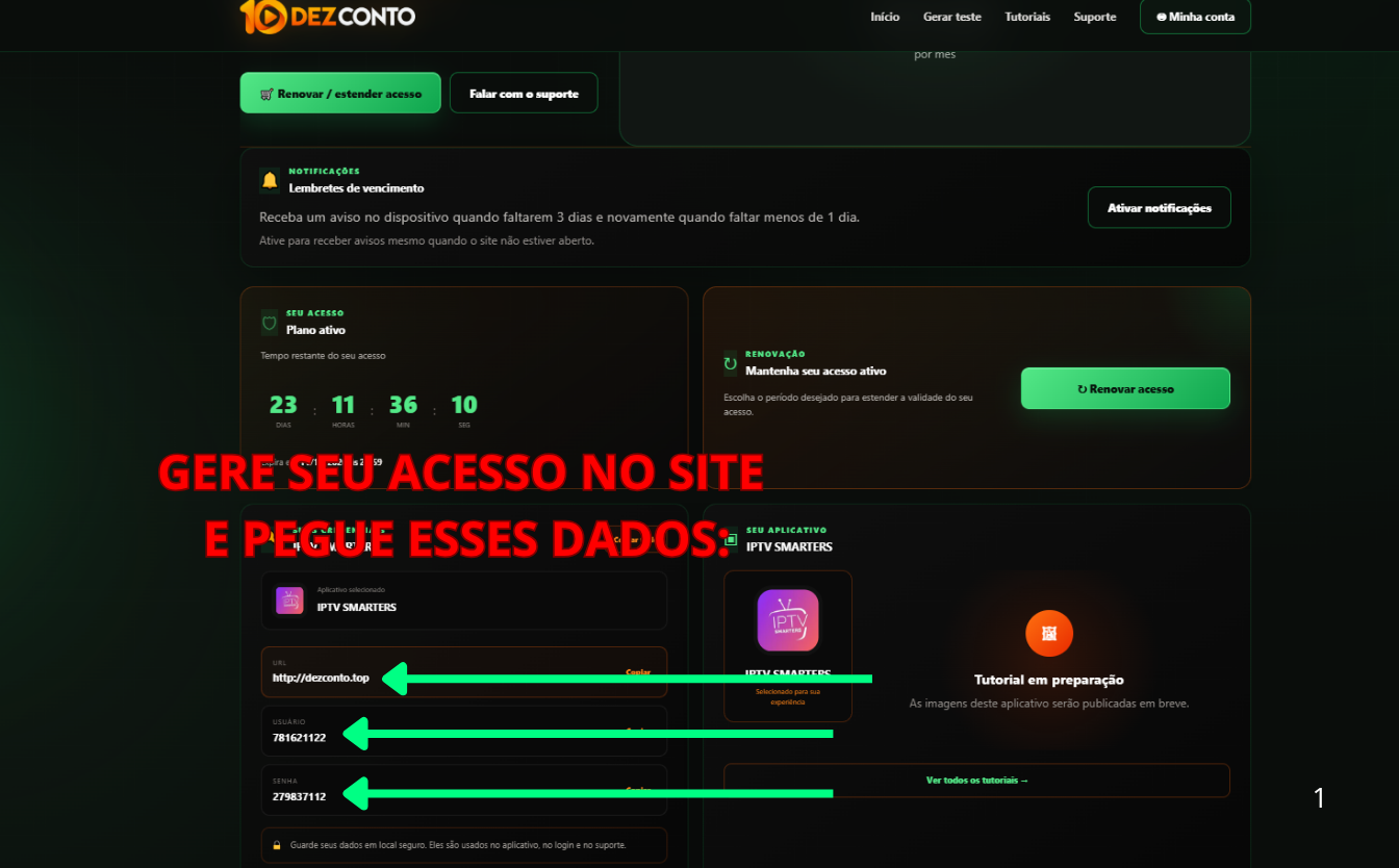 Com seu acesso gerado no site, pegue os dados e insira no aplicativo