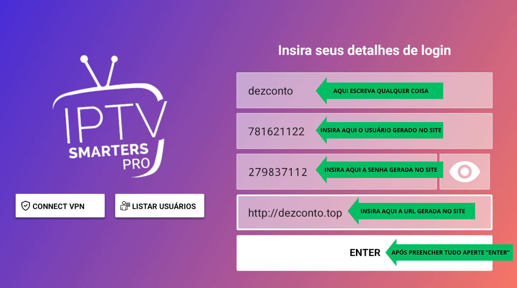 Preencha o aplicativo corretamente com os dados gerados no site da dezconto